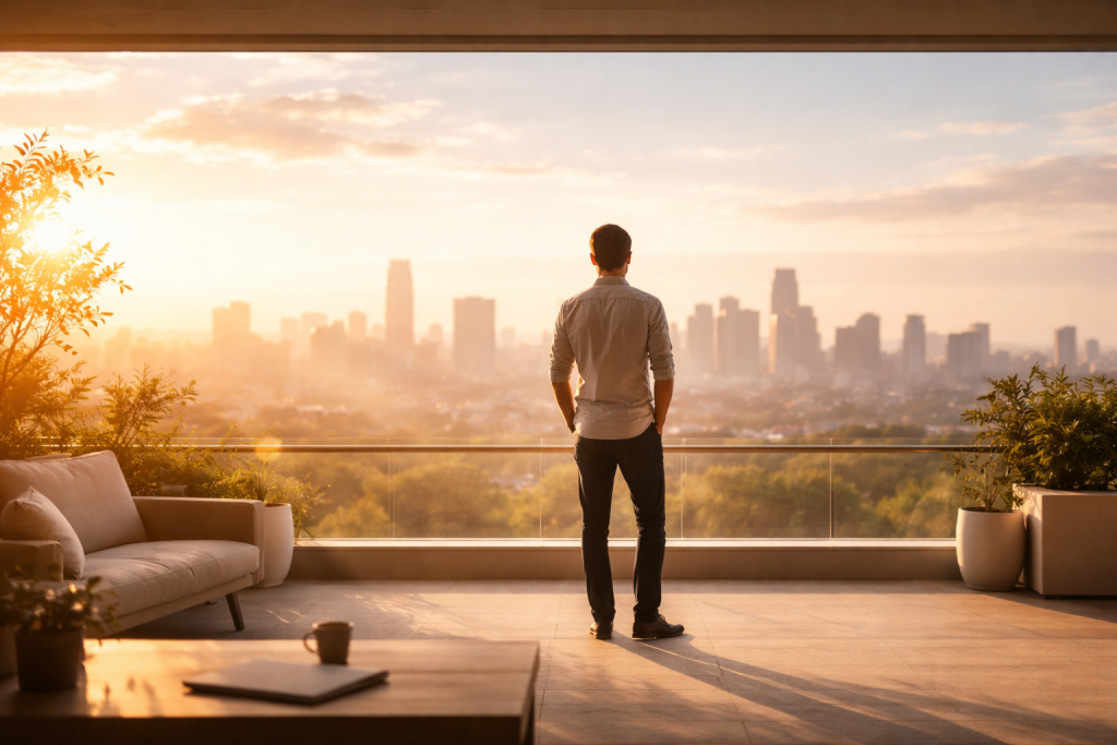 [dark] Mission/vision: abstrakt, rolig scene med person der ser ud over byen fra højt perspektiv ved solopgang/solnedgang, symbol på overblik, langsigtet investering og økonomisk frihed.