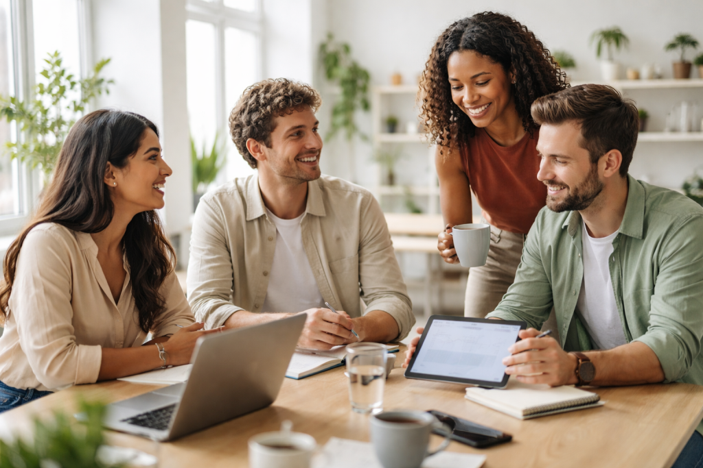 [light] Om os-team: lille blandet gruppe unge professionelle i uformelt møde omkring et bord med laptops og noter, afslappet skandinavisk stemning og naturligt lys.