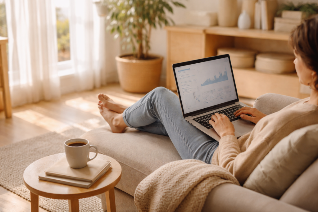 [light] Atmosfære/livsstil: rolig morgenscene med person på sofa med laptop og kaffe, sollys gennem vindue, fokus på balancen mellem hverdagsliv og økonomisk overblik.