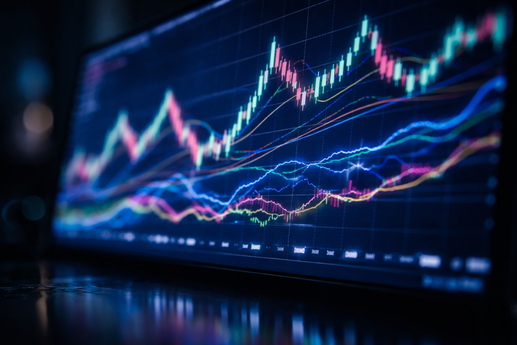 [dark] Standard blog-header: close-up af skærm med finansgrafer, tal og stearinlysdiagrammer i mørkt tema, fokus på farverige linjer og mønstre, professionel og datadrevet stemning.