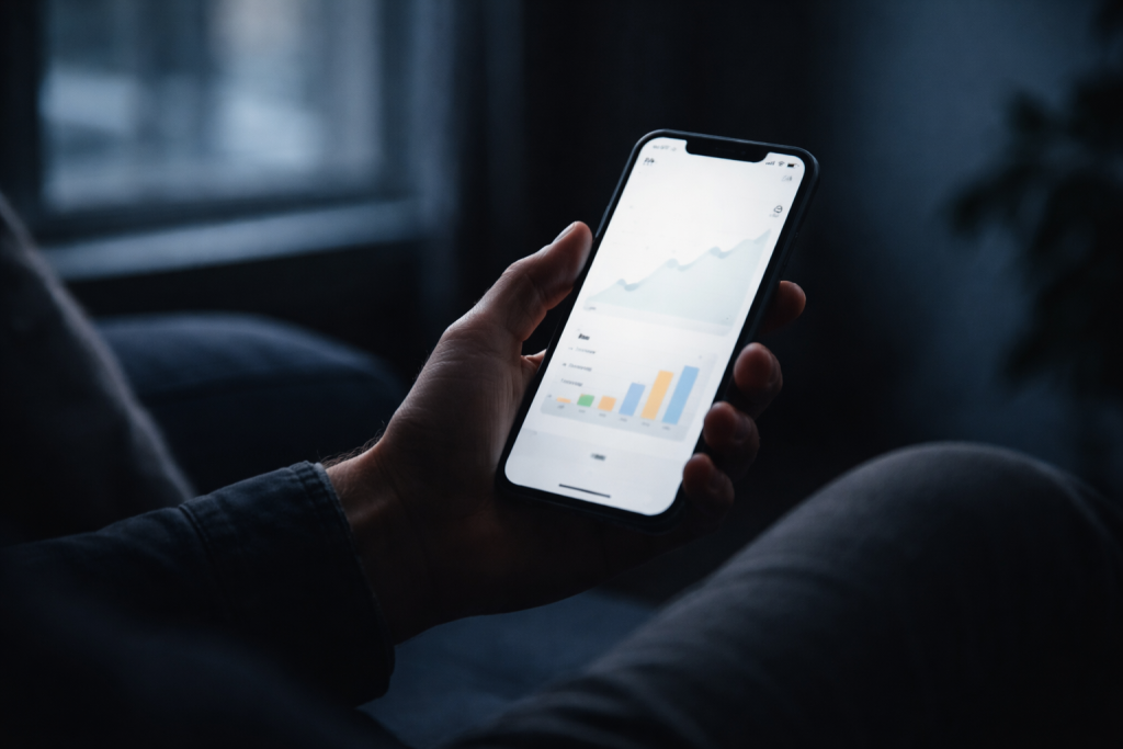 [dark] Call-to-action baggrund: udsnit af person der bruger smartphone med simpel investeringsapp i hånden, mørkere baggrund og tydelig kontrast til hvid tekst.