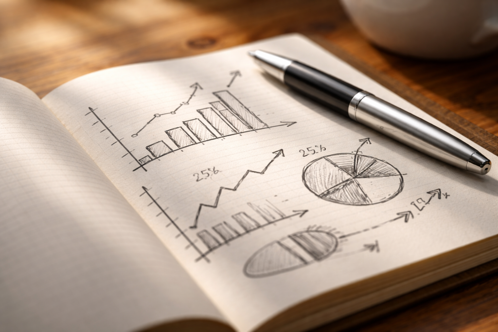 [light] Detaljebillede: tæt makrobillede af notesbog med håndskrevne grafer og tal ved siden af pen og kaffekop, enkel og taktil følelse af planlægning og strategi.