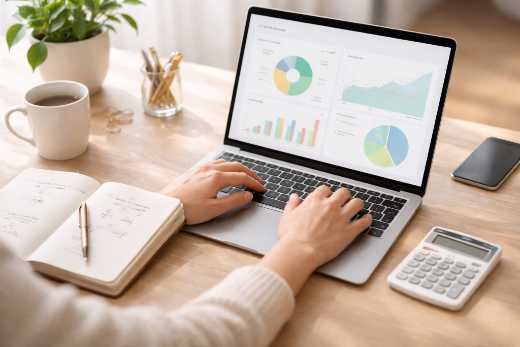 [light] Servicesektion 1 – investering for begyndere: tættere udsnit af hænder der bruger laptop med enkel investeringsplatform, notesbog med håndskrevne tal og lommeregner, rolig og pædagogisk stemning.