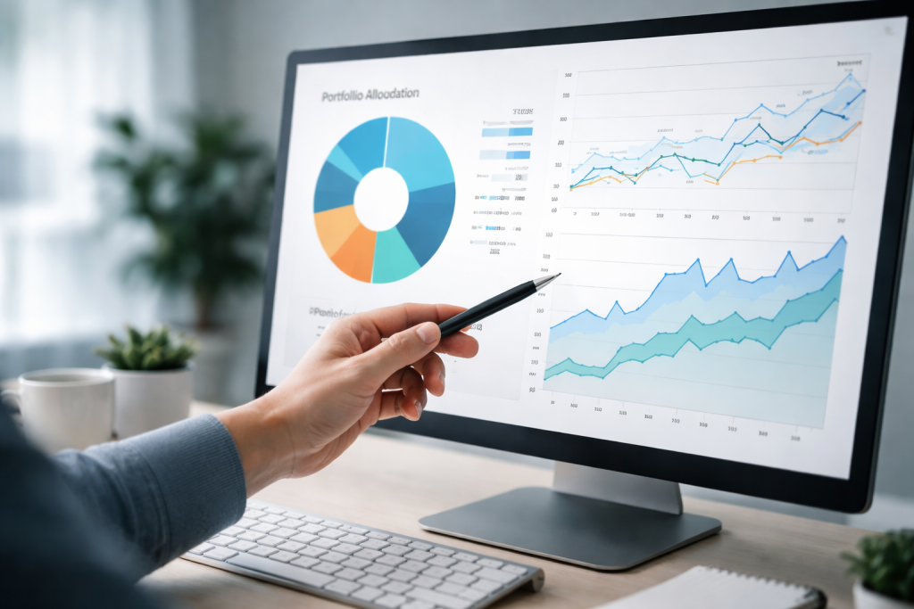 [light] Servicesektion 2 – aktier og ETF’er: halvtotal af skærm med diversificeret portefølje-grafik og diagrammer, person peger eller markerer, fokus på langsigtet strategi og overblik.