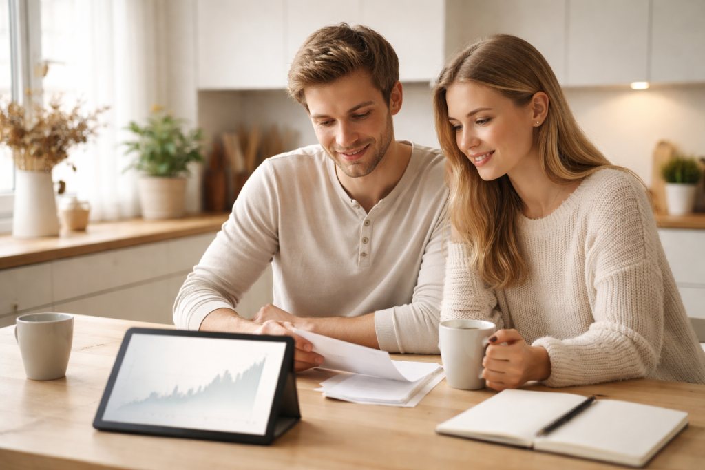 [light] Servicesektion 3 – langsigtet, passiv investering og økonomisk frihed: ungt par gennemgår økonomi ved køkkenbord med tablet, afslappet hverdagsscene med let optimistisk stemning.